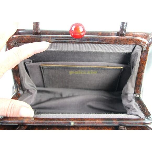 VINTAGE Palizzio PATENT BROWN LEATHER FRAME BAKELITE HANDBAG POCKETBOOK SATCHEL - Picture 10 of 15